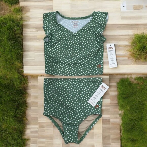 Honey Mark Girls Green Floral Two Piece Swimsuit Ruffle Sleeve Bikini 3T 4T - Picture 1 of 6